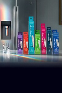 Refrigerator water filters on kitchen counter with referigerator in background