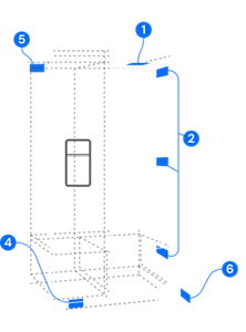 An illustration of a Side-By-Side refrigerator, with numbers showing the possible model number label locations on it.